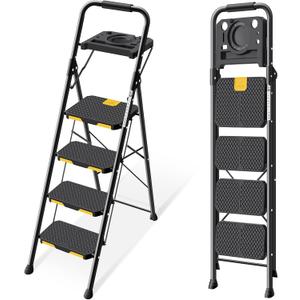 KINGRACK 4 Step Ladder with Tool Platform, Folding Step Stool with Wide Pedal, Safety Locking, Sturdy Steel Ladder Portable Safety Ladder for Adults Painting Home Outdoor Garage (4-Step with Tool Platform)