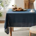 Linen Tablecloth with Tassels, Farmhouse Style Navy Tablecloth, Water Resistant Burlap Tablecloths for Rectangle Table, 60x104 Inch Navy