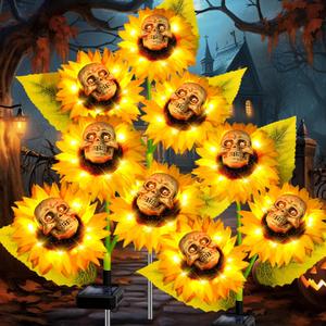 Halloween Decorations Outdoor, 3 Pack Solar Scary Skull Sunflowers Lights, Waterproof Solar Flowers Lights Skeletons Decor for Halloween Yard Patio Lawn Party