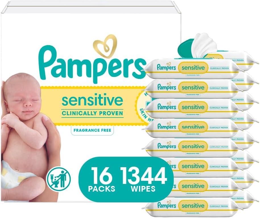 Pampers Sensitive Baby Wipes, Water Based, Clinically Proven, Hypoallergenic, and Unscented for Babies, 1344 Wipes Total (16 Flip-Top Packs)