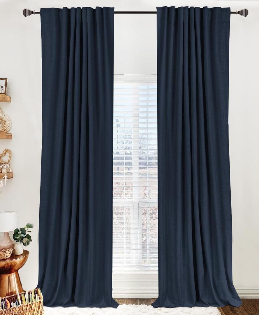 100% Blackout Shield Linen Blackout Curtains for Bedroom 84 Inches Long, Back Tab/Rod Pocket Living Room Drapes, Thermal Insulated Blackout Curtains 2 Panels Set, 50" W x 84" L, Navy