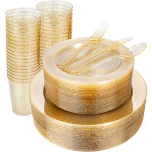 WELLIFE 300PCS Gold Glitter Plastic Plates, Gold Plastic Dinnerware Includes: 50 Dinner and 50 Dessert Plates, 150 Cutlery, 50 Cups for Party