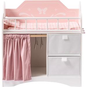 ROBOTIME Baby Doll Crib, Wooden Doll Bed, Toy Baby Crib with Storage, Bedding, and Wooden Hooks, Doll Crib Fits Dolls up to 21", Doll Furniture for American Girls Ages 3+ (Pink)