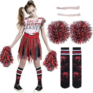 Spooktacular Creations Zombie Halloween Cheerleader Costume, Girls Scary Cheerless Costume, Kids Dead Cheerleading Outfit for Halloween Role Play Themed Parties, Red White, S (S)