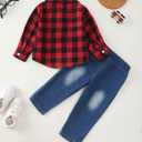 NZRVAWS Toddler Baby Boy Clothes Infant Plaid Pocket Shirt Denim Ripped Jean Pants Outfits Set 6-24 Months 2-5T (Red Block Plaid)