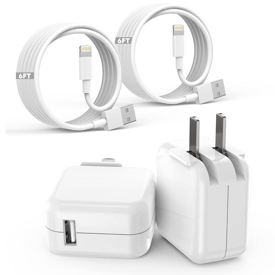 iPad iPhone Charger Fast Charging [ Apple Certified ] 2Set 6FT USB to Lightning Cable iPad Cord with 12W Foldable Block i Phone Charging Travel Wall Plug Compatible with i Pad, iPadPro, iPadAir,iPhone