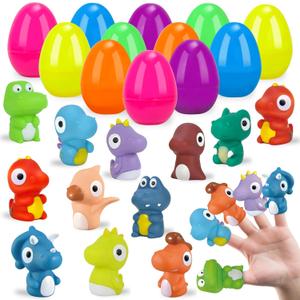 Prefilled Easter Eggs with Dinosaur Finger Puppets, Easter Basket Stuffers for Kids Hunting Games, Easter Eggs with Toys Inside for Basket Stuffers Fillers, 12 Pack
