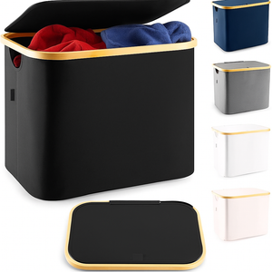 LONBET Laundry Basket with Lid, Made from Breathable Fabric | Aesthetic Clothes Hampers for Laundry with Side Handles & Sturdy Bamboo Frame (13 Gallons - Box, Black)