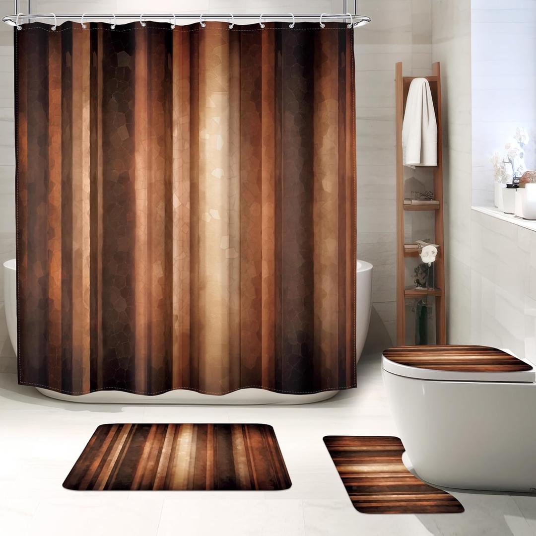MESHELLY Brown 4Pcs Shower Curtain Sets Rustic Bronze Tan Ombre Stripe Rust Copper Earth Tone Bathroom Set Decor with Rug, Toilet Lid Cover, Bath Mat, Vintage Simple Bathroom Curtain with 12 Hooks