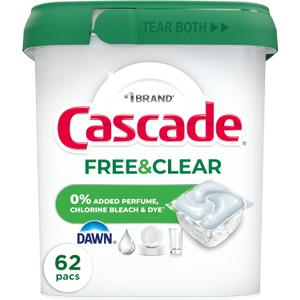 Cascade Free & Clear Dishwasher Pods, Dishwasher Detergent, Dish Detergent Soap, Unscented, 62ct
