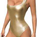 WDIRARA Women's PU Leather Bodysuit Tank Tops Square Neck Sleeveless Slim Fit Leotard Top, Mediu