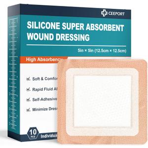 Ceeport Silicone Super Absorbent Wound Dressings 5" x 5", Adhesive Border Bandages for Heavy Exudate, Leg Ulcers, Bed Sores, 10 Pack, 3.35" 3.35" Absorbent core