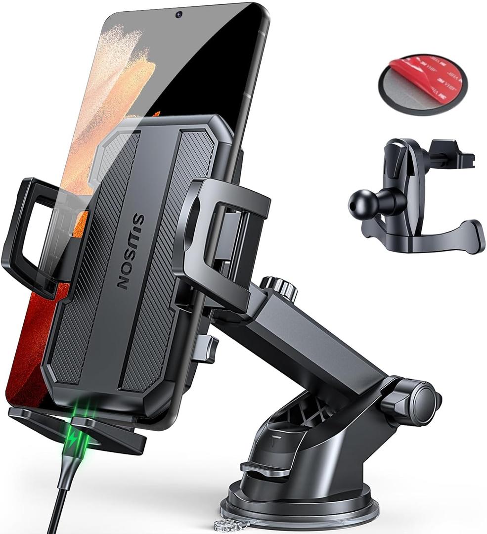 SUUSON Upgraded 3-in-1 Car Phone Holder Mount [Powerful Suction] Phone Mount for Car Dashboard Air Vent Windshield,for All iPhone Android Phone, Charcoal Black