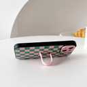 Yeddabox for iPhone 14 Case with Finger Strap Kickstand, Checkered Phone Case Full Camera Protection Shockproof Soft TPU and Hard PC Back Cover for Women Men, Pink and Green