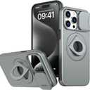for iPhone 15 Pro Case with Slide Camera Cover HD Screen Protector Magnet Ring Holder Kickstand Protective Phone Case for 15 Pro (Gray)