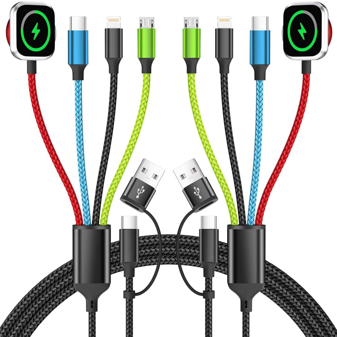 4-in-2 Multi Charging Cable with iWatch Charger, 2Pack 5FT Nylon Braided Charging Cords, USB C/USB A Phone Charger Cord for iPhone 17-5, iPad, Galaxy S25-S21, Travel/Car/Home Use (2Pack-Red_Blue_Black_Green)
