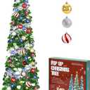 SINTENILL 5 FT Pop Up Christmas Tree with Timer Lights and Decorations, Green Artificial Tinsel Christmas Tree with 24 Ball Ornaments, Collapsible Pencil Tree for Home, Office, Holiday Party