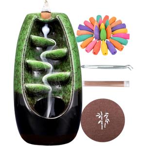 SPACEKEEPER Ceramic Backflow Incense Holder Incense Burner Waterfall with 120 Backflow Incense Cones & 30 Incense Stick, Aromatherapy Ornament Home Decor, Green