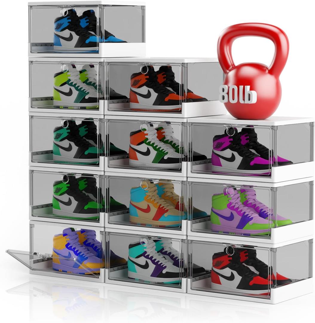 Thicken & Sturdy Clear Shoe Storage Organizer with Magnetic Door,12 Pack Stackable Boxes for Closet, Foldable Space-Saving Shoe Rack for Sneaker Boot Container, Plastic Shoe Box, Fits US Size 13