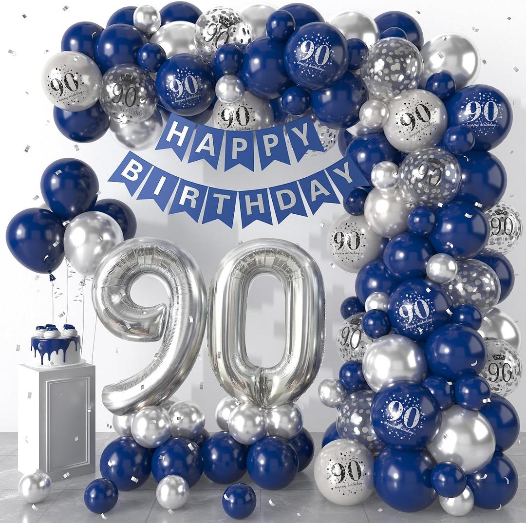90th Birthday Decorations Navy Blue Silver,90th Balloon Garland with Number 90 Foil balloons,Happy Birthday Banner for Men Women 90 Birthday Party Decorations