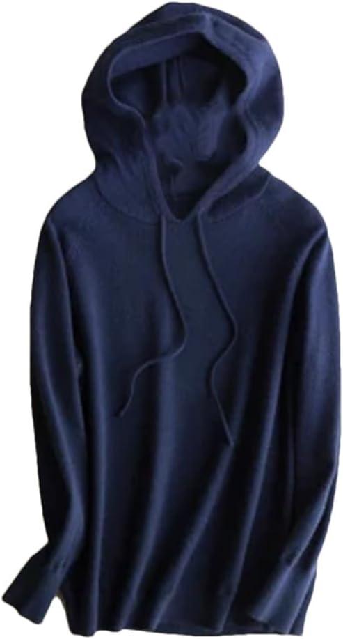Spring and Autumn Women's Wool Hooded Sweater Solid Color Knit Sweater (Dark Blue)