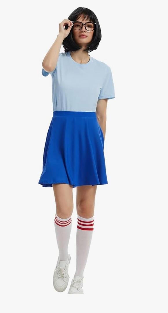 Women Light Blue Costume Full Set Cosplay with Wig Glasses Blue Shirt Skirts Socks Large