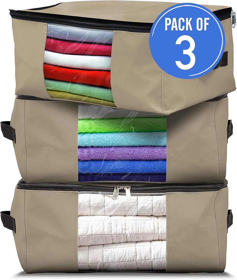Covers & All Storage Bags, 90 litres Large size Space Saver bags Heavy Duty Storage Organizer Multipurpose, 12 Oz Waterproof UV-Resistant & Tear-Proof (23"L x 17"W x 14"H Inches, Beige, Pack of 3)