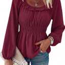 Womens Puff Long Sleeve Babydoll Tops Square Neck Ruffle Peplum Blouse Smocked Loose Fit Tunic Top Dressy Tee Shirts