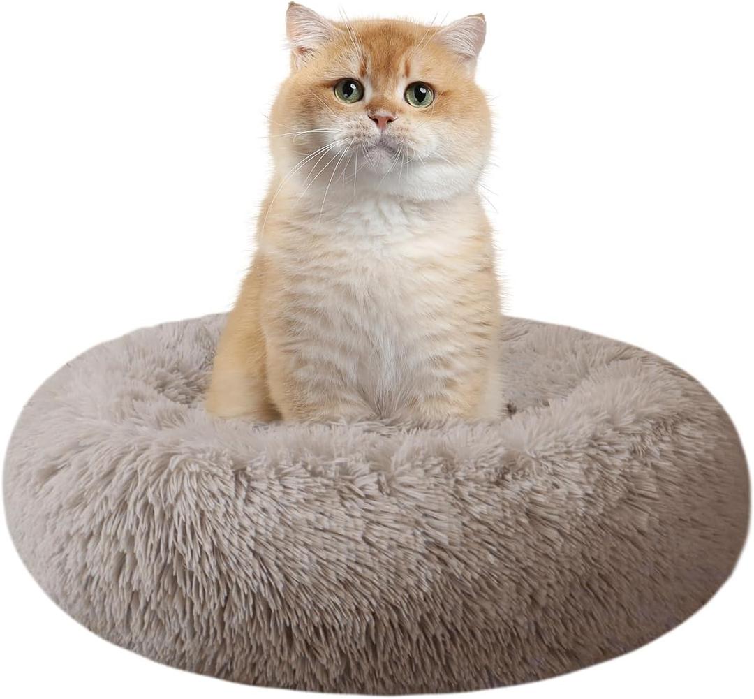 Cat Beds for Indoor Cats,15.7 Inch Small Cats Beds, Washable-Round Pet Bed for Puppy and Kitten with Slip-Resistant Bottom (Beige Brown)
