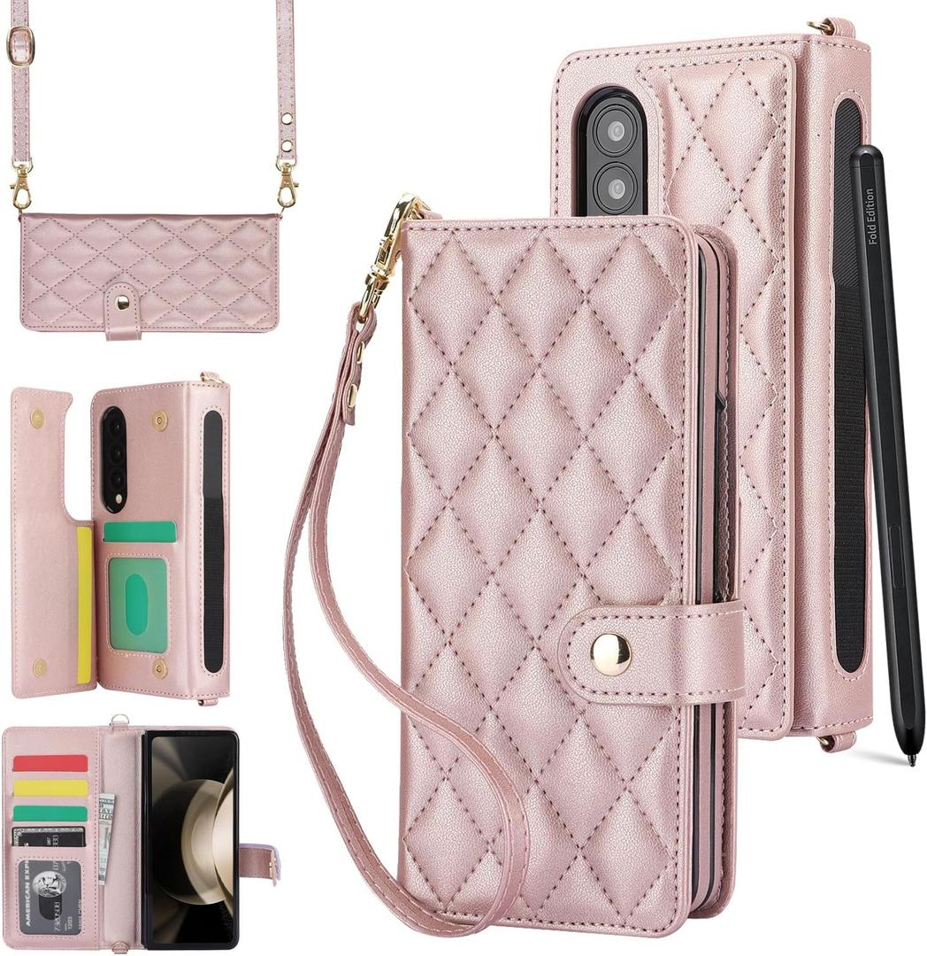 for Samsung Galaxy Z Fold 3 Wallet Case with S Pen Holder & Crossbody Lanyard Strap & Wrist Strip, Shockproof Stylish Protective Cover for Galaxy Z Fold 3 (Rose Gold)