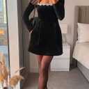 Women's Elegant Velvet Dress Long Sleeve Square Neck Pearl A Line Flowy Bridesmaid Cocktail Party Midi Dresses (Black, M)