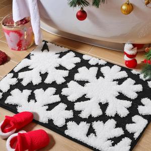 Luxury Black White Winter Snowflake Bathroom Mat, 17"x25" Extra Soft and Absorbent Microfiber Bath Rug, Non-Slip TPR Back, Plush Shaggy Bath Carpet for Floor