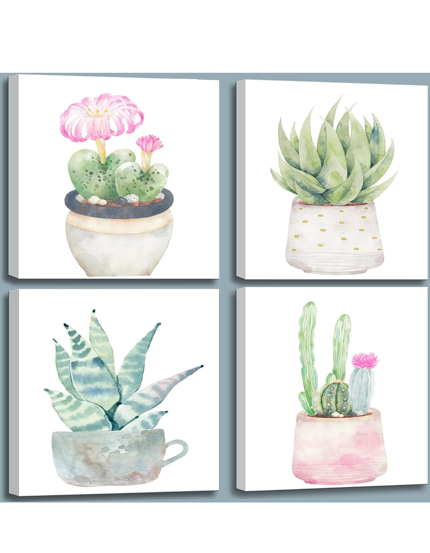 msspart Cactus Bathroom Decor Wall Art, Succulent Pictures Canvas Print, Green Plants Paintings for Bedroom Living room Office Decoration - 16" X 16" (Cactuses Vary)