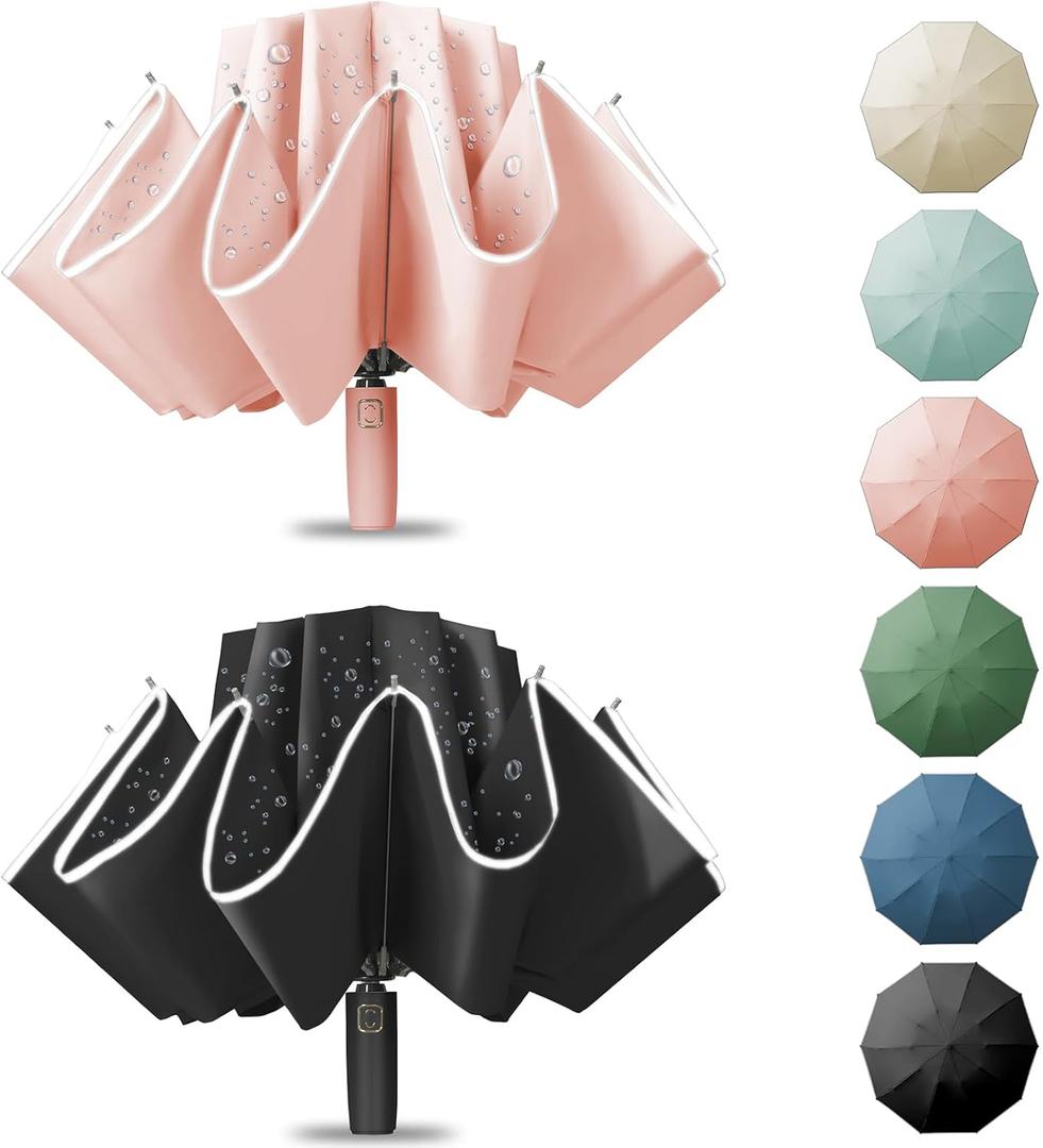 Large Windproof Travel Umbrella, Portable Reverse Folding Car Umbrella, Compact Inverted Design with Waterproof Canopy, Automatic, 10 Durable Ribs, 45.6/13 Inch, Fits Backpack, 2026 Spring (2 BLACK+PINK)