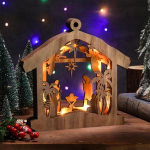Bucherry Wooden Nativity Scene Set Christmas Nativity Scene Tabletop Set Christmas Ornament Christian Religious Rustic Decorations with LED Light for Shelves Tables Decorations Indoor Decor(Hut)