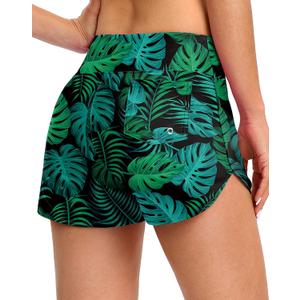 Blouty Women's Swim Board Shorts with Pockets High Waisted Tummy Control Swimsuit Bathing Shorts for Women with Liner (Large, Palm Leaf)