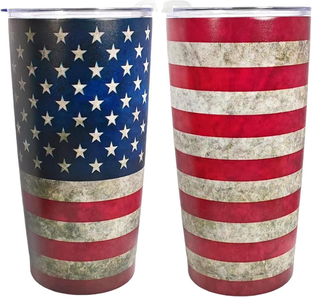 4th of July American Flag Tumbler 20oz Stainless Steel Patriotic Cup Memorial Veterans Father's Independence Day BBQ Camping Outdoor Travel with Lid Double-Wall Vacuum Insulated