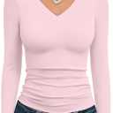 Trendy Queen Long Sleeve Shirts for Women 2025 Fall Fashion V Neck Basics Crop Tops Slim Fitted Y2K Tops Outfits Clothes (Medium, Pink)