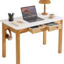 Small Computer Desk Table, Wood Writing Table with Drawers and Hooks, 39x22x30inch Study Desk, Work Desk, Wooden Dining Table White + Natural Wood Legs YD-WD02WN