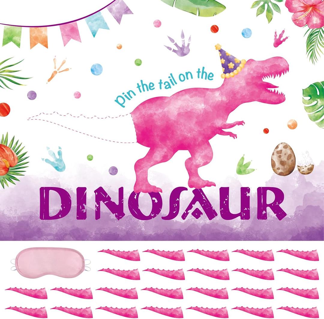 WERNNSAI Pin The Tail on The Dinosaur Game  Girl Dinosaur Party Decorations, 28" x 21" Dino Birthday Games for Kids, Includes Poster, Blindfold, 24 Pink Tails, 20 Dot Stickers