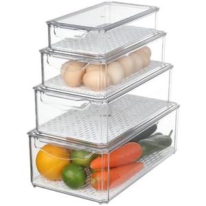 Naivees Plastic Fridge Organizer,Clear Storage Containers for Fridge Stackable Organizer Bins Square Food Storage Box Keep Fresh for Vegetable,Food,Fruits (4 PACK)