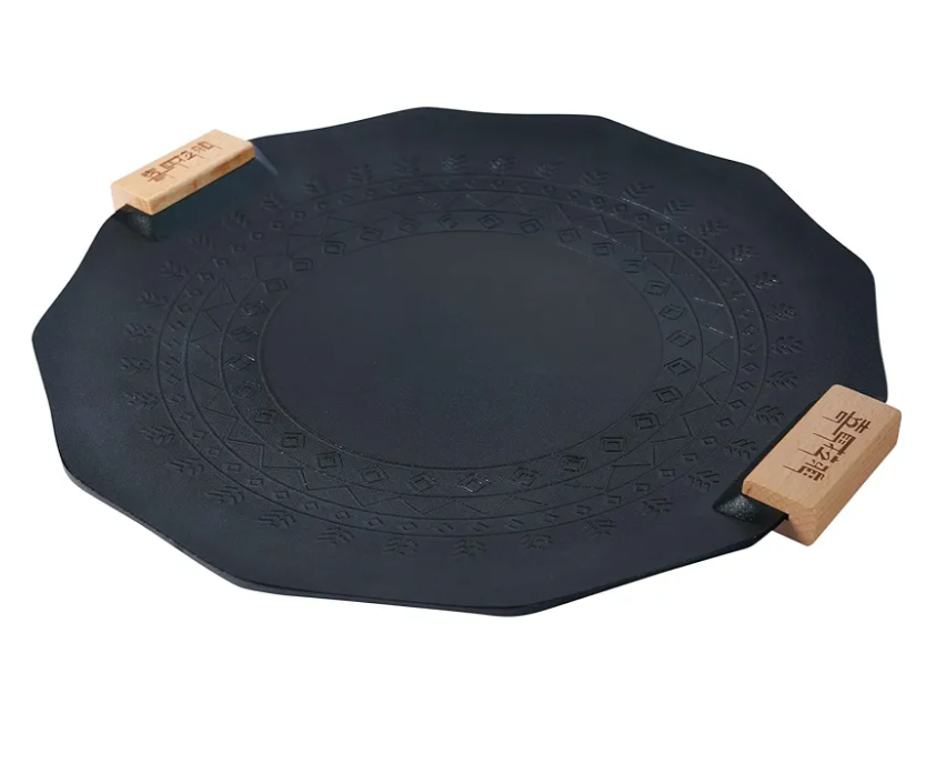 Korean Grill Pan 13.78 Inch Black Nonstick Coating Camp Fire BBQ Griddle Pan with Wood Handle for Indoor Outdoor Fire Camping Induction Gas Stove Electric Cooktop (Black)