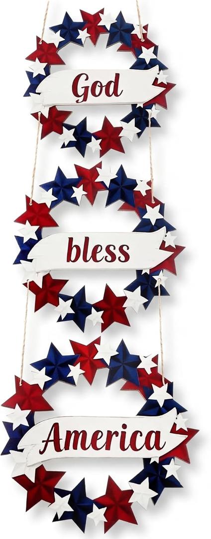 Peryiter 4th/Fourth of July Decoration Memorial Day Patriotic Wreath for Front Door Wooden Red White and Blue Star Sign God Bless America Decor for 250th Anniversary Porch Wall Indoor Outside Home