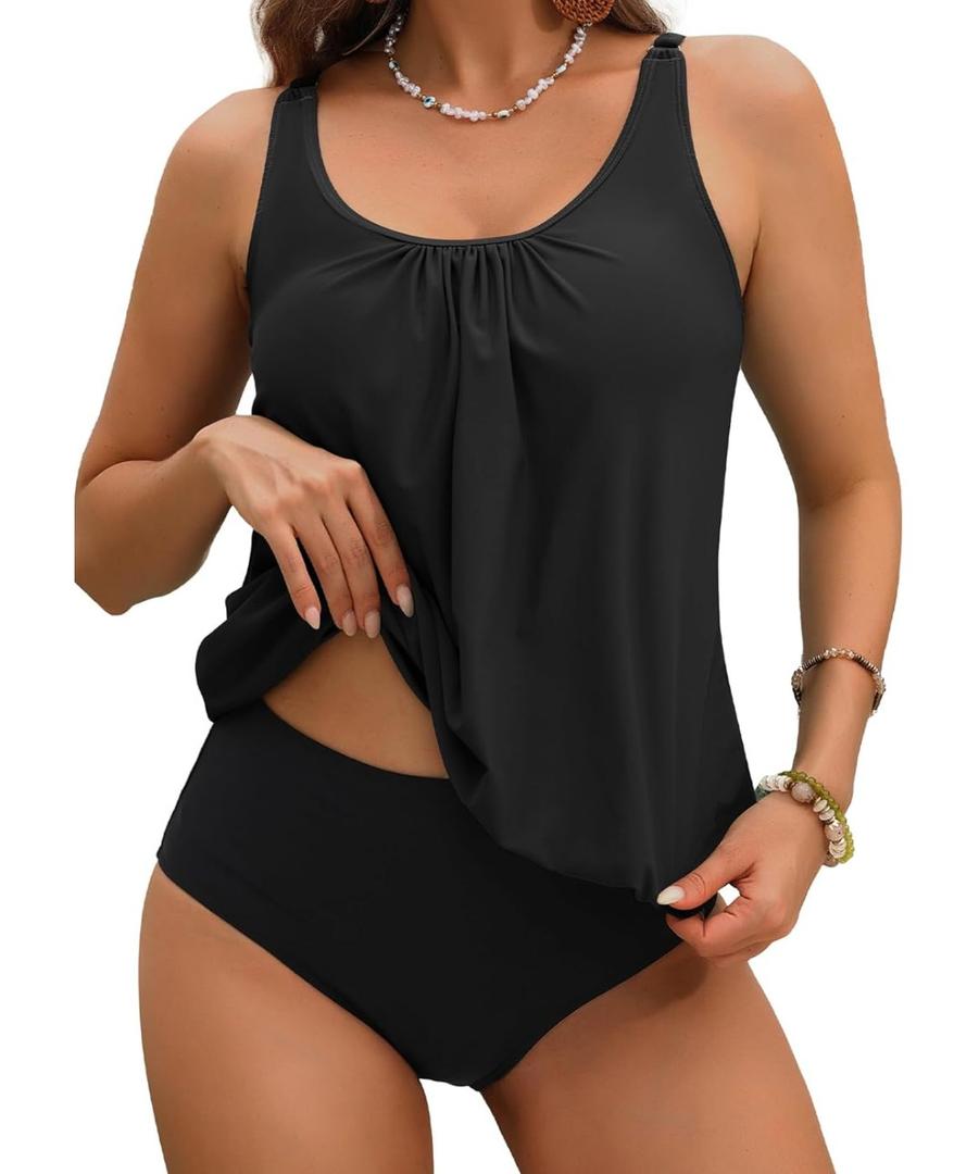 Yonique Two Piece Tankini Swimsuits for Women Blouson Bathing Suits Modest Swimwear M