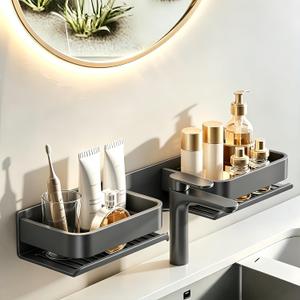 Over The Sink Bathroom Shelf Organizer, No-Drill Countertop Caddy for Toiletries & Skincare, Rust-Proof Carbon Steel & Aluminum, Fits Most Faucets (Gray, 19.68inch)