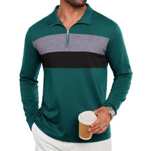 Mens Quarter Zip Polo Shirt Long Sleeve Color Block T Shirts for Men Lightweight Casual Striped Golf Polos (Green, XL)