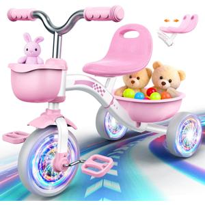 Kkdi Toddler Tricycle for 1-3 3-5 Year Olds, 2 3 4 5 Year Old Girl Birthday Gifts, Pink Toddler Baby Bike, 4-Level Adjustable Seat, 3 Color Light Wheels, 2 Baskets, Outdoor Riding Toys for Ages 2-4