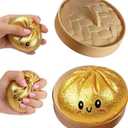 Glitter Dumpling Squishy, Colorful Dumpling Squishes Stress Balls with Steamer, Easter Gifts, Soft Squeeze Decompression Dough for Adults (Gold with Glitter)