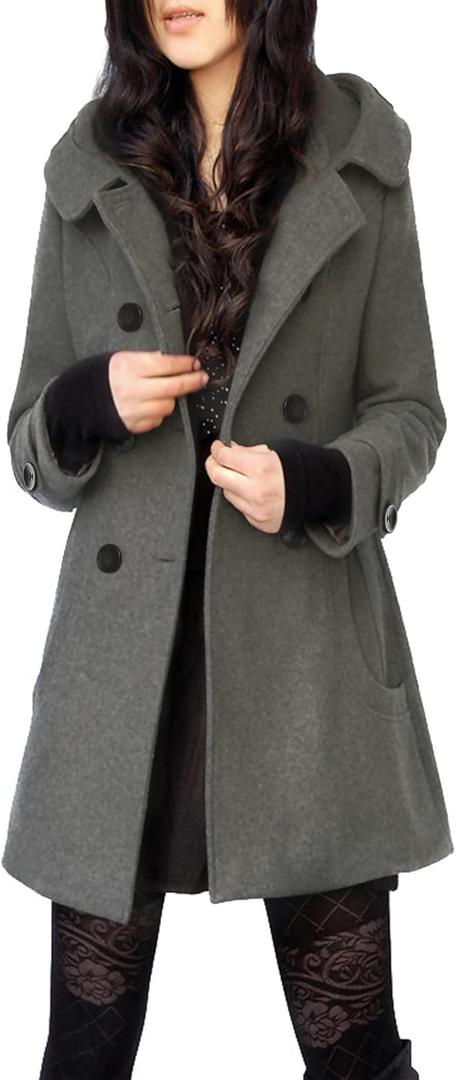 Tanming Women's Warm Double Breasted Wool Pea Coat Trench Coat Jacket with Hood (Large, Grey)