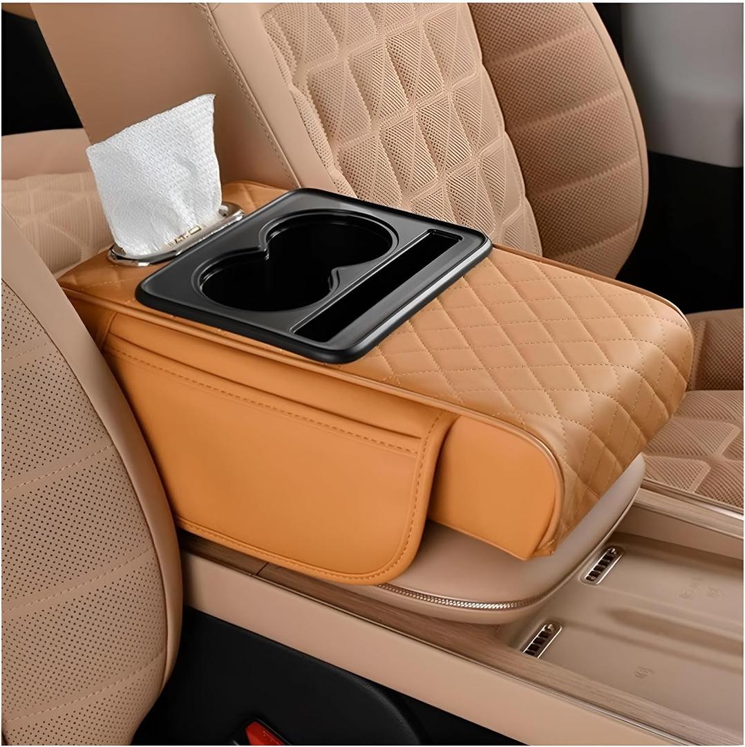 Zpana Car Center Console Armrest Pillow, Memory Foam Leather 4 in 1 Vehicle Arm Rest Cover with Tissue Box 2 Side Storage Bag Cup & Phone Holder, Auto Armrest Cushion, Universal Fit (Orange)